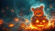 © Maetinee - A cute kawaii baby bear on a pumpkin with glowing jack lanterns and Halloween fog