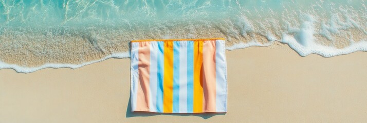 Canvas Print - A colorful striped beach towel lies on a sandy shore with gentle ocean waves lapping at the edge, symbolizing relaxation, summer vacation, beach life, and tranquility.