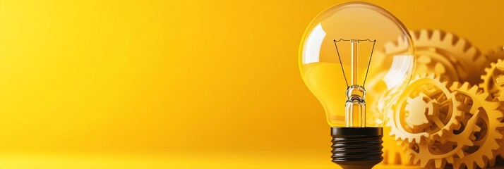 A lightbulb and gears on a yellow background, representing innovation, creativity, problem-solving, technology, and progress.