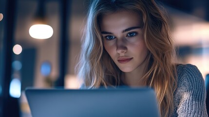 Poster - Digital Nomad in Focus: Woman Working on Laptop at Night