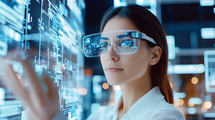 Augmented reality shopping by smart glasses, futuristic city background, woman with AR glasses, hologram interface to display data online, virtual reality cyberspace, innovation retail digital hi-tech