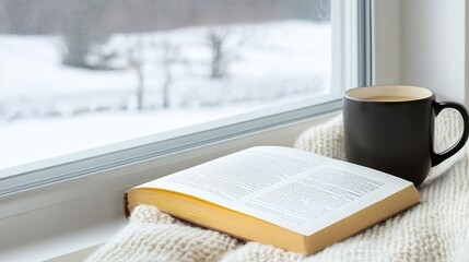 A warm cup of coffee, a cozy knitted blanket, and an open book create a peaceful scene on a winter morning by the window. This image evokes feelings of warmth, comfort, and relaxation.