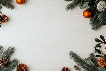 Poster - Christmas and New Year greeting with pine branches, ornaments, and pine cones on a white wooden background. Perfect for holiday cards, invitations, and social media posts.