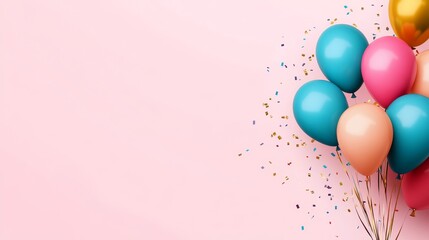 Sticker - Colorful balloons and confetti on a pink background, perfect for birthday celebrations, parties, and special occasions.