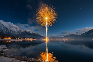 Fireworks Display Over Mountain Lake:  A breathtaking scene of a single firework exploding over a serene mountain lake, reflecting its brilliance in the water, symbolizing celebration, joy, and the be