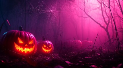 Sticker - Glowing jack-o-lanterns illuminate a spooky forest path shrouded in pink fog, creating an eerie and mysterious atmosphere. Halloween, mystery, nature, darkness, light.