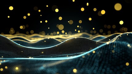 Wall Mural - Futuristic Golden Particles Illuminating a Digital Landscape, representing technology, innovation, data flow, connectivity, and the future.