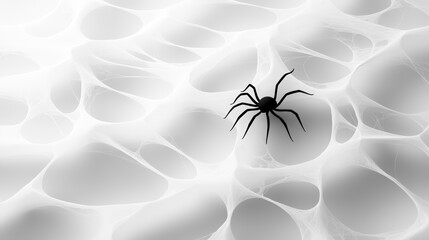 black spider crawls across delicate white cobweb, creating striking contrast against light background. intricate web design adds eerie yet fascinating element to scene