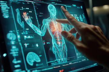 Person viewing 3D human body on computer screen.