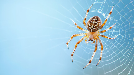 Spider on Web: Intricate details of a spider on its web against a serene blue backdrop. Macro photography reveals the spider's intricate patterns and the delicate structure of its web.