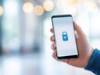 © Tonton54 - Person holding smartphone with secure lock icon on screen, blurred background