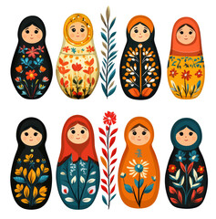 A set of Russian dolls with flowers and leaves. The dolls are smiling and the flowers are colorful