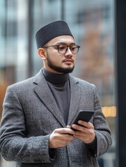 Wall Mural - Busy Professional Man with Glasses and Cellphone in City