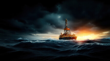 Wall Mural - hyper realistic oil rig stands tall amidst turbulent waves, illuminated by dramatic sunset. intricat