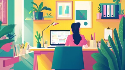 Wall Mural - A young freelance designer working remotely on a digital marketing design project, using a laptop in a cozy creative workspace