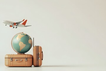 3D render of a travel concept with a globe, airplane, and suitcases on a white background. 