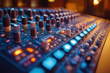 A close-up of a mixing console with various knobs and lights for audio production.