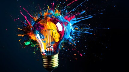 Wall Mural - lightbulb exploding with colorful paint splatter