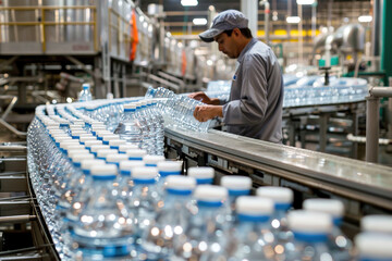 Worker sealing containers filled with spring water, conveyor belt in motion, bottles labeled for distribution