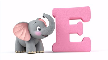 Cheerful Elephant Next to the Letter E for Learning