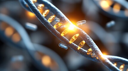 A close-up depiction of DNA strands illuminated with vibrant orange highlights, symbolizing genetic structure and biological processes.