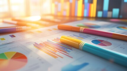 Poster - Colorful Pens Resting on Spread of Charts and Graphs