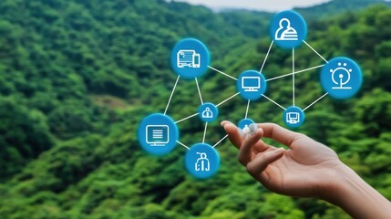 Poster - Hand Interacting with a Network of Blue Circular Icons with White Symbols Against a Blurred Green Forest Background