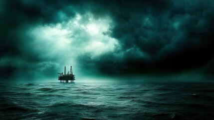 Wall Mural - solitary oil platform stands in open ocean, surrounded by calm waves and dramatic dark clouds, creat