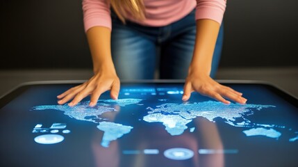 Poster - Woman's Hands Interacting with a Digital World Map on a Touchscreen