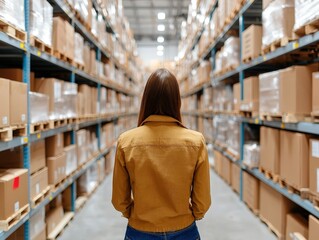 Exploring the organized aisles of a warehouse a woman's reflection on logistics and inventory management