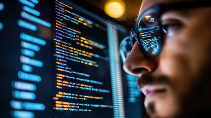 Poster - Close-up of a Man's Face Reflected with Code from a Computer Screen