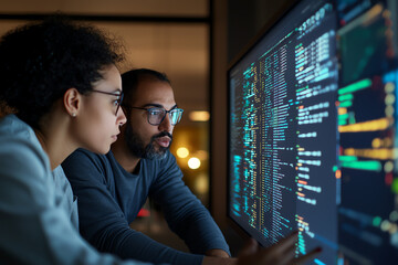 Programmers collaborating on coding project