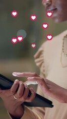 Aufkleber - Hands, woman and tablet with heart emoji on social media, dating app or website for love. Closeup, female person and texting on internet for networking, communication and connection with overlay