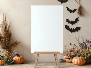 A vertical white poster displayed on a wooden easel in a cozy  room with Halloween decorations 