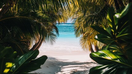 Lush palm trees frame a breathtaking view of a pristine white sand beach and turquoise ocean waters, creating a tropical paradise.