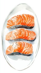 Watercolor of Salmon Sashimi set in Japanese restaurant,Hirame sashimi,dripping soy sauce or shoyu,salmon sashimi,fresh tuna sashimi dish,Japanese chef making sushi at restaurant.