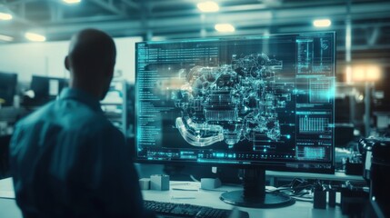 Aufkleber - A Man Looking at a Computer Screen Displaying a Digital Model of a Machine Part