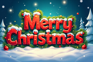 Festive Christmas greeting with the words Merry Christmas prominently displayed on a snowy background, surrounded by holiday decorations such as trees and ornaments.