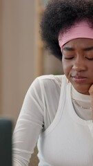 Aufkleber - Thinking, student and girl with laptop for learning in home with exam preparation, studying or problem solving. Black person, thoughtful and essay research for university with concentration or stress