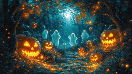 Wall Mural - Spooky halloween border, ghosts, pumpkins, creepy, dark background