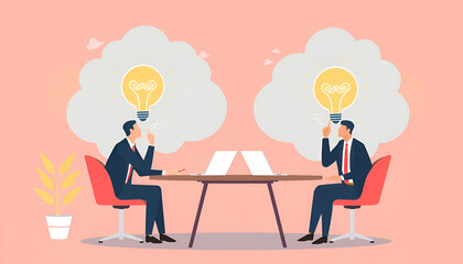 Thinking the same idea, colleagues brainstorming with identical thought, think together planning for business goal or success concept, flat vector modern illustration