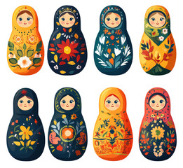 A set of Russian dolls with flowers and leaves on them. The dolls are all different colors and sizes