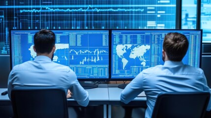 Aufkleber - Two Men Working at Computers with Data and World Map Displayed