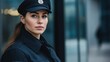 © sirisakboakaew - A confident female security guard in uniform standing at the entrance of a corporate building, watching over the area with a professional demeanor