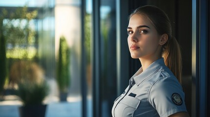 A confident female security guard in uniform standing at the entrance of a corporate building, watching over the area with a professional demeanor