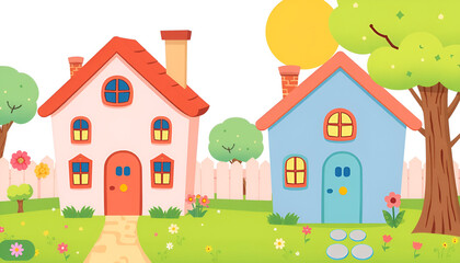 Children educational game. Find two same pictures of cute houses