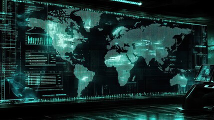 Fototapete - Futuristic Control Room with World Map Display