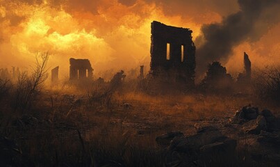 Wall Mural - A ruined town under an orange sky.