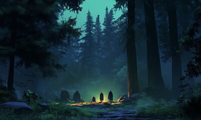 Poster - Three figures stand in a dark, mysterious forest.