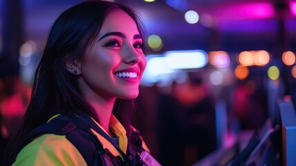 A female security guard scanning tickets at an event entrance, smiling while ensuring safety procedures are followed